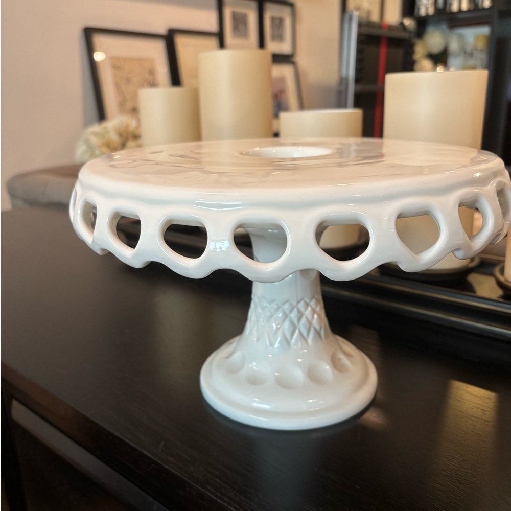 Vintage Milk Glass Cake Stand Rum Well McKee Plymouth Lace Edge Dessert Plate